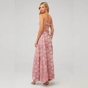 For Love & Lemons‎ Raya Pink Velvet Rosette Rose Floral Maxi Dress Size M thumbnail 2