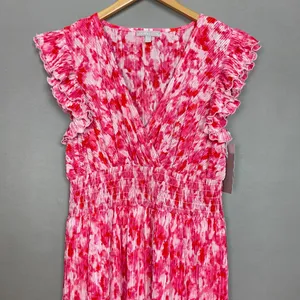 Chelsea28‎ Dress Flutter Sleeve Plissé Midi Dress NWT Pink Red Artful Petals Lrg thumbnail 4