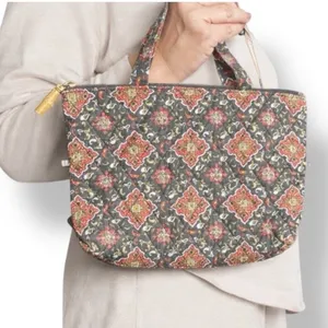 Quilted Cotton Mini Tote Bag Black Red Medallion Zip Top Boho Travel Purse thumbnail 3