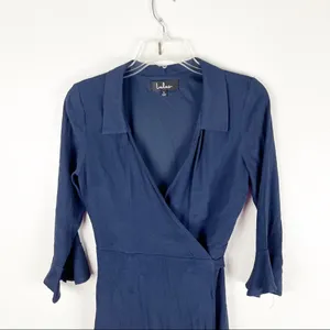 LULUS Navy Long Bell Sleeves True Wrap Lined Dress Size Small Casual Neutral thumbnail 5