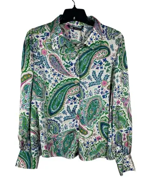 Zara Blouse XXL Paisley Floral Button Front Long Sleeve Shirt Green Pink NWT thumbnail 1