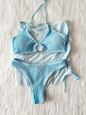 NWOT 3 Piece Baby Blue Textured Bikini Set thumbnail 1