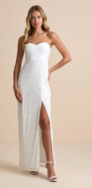 NWT Lulus Exquisite White Velvet Burnout Strapless Maxi Dress Wedding Bride Sz L thumbnail 1