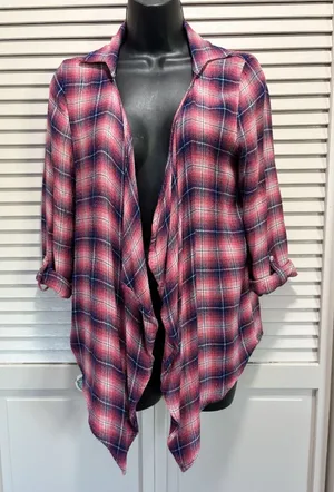 Aeropostale Flannel Pink/Black Open Long Tab Sleeve‎ Shirt Size Small Shawl Neck thumbnail 1