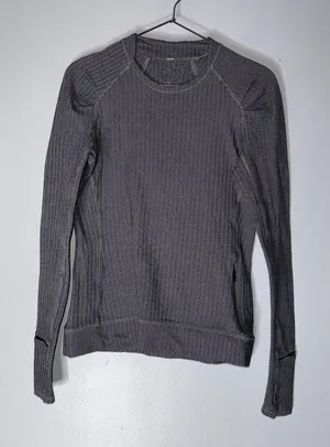 Lululemon Think Fast Long Sleeve‎ Shirt Size 6 Heathered Herringbone BLACK/SLATE thumbnail 1