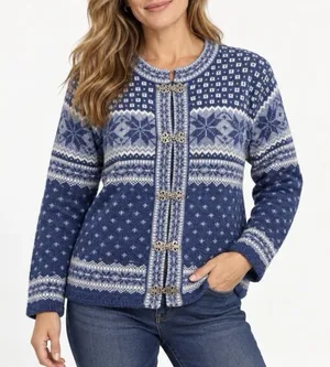 SKYR Norwegian Wool Sweater Cardigan Blue Fair Isle Front Metal Clasps MEDIUM thumbnail 1