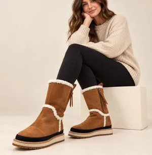 TOMS Mesa Tan Suede Faux Shearling Lined Mid-Calf Platform Boots Women 6 thumbnail 1