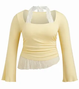 Cider Pale Yellow Long Sleeve Lace-Trim Crop Top thumbnail 3