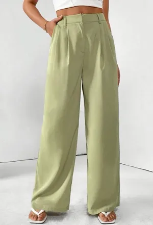 Zara high-rise wide leg pleated green trouser pants with pockets women Size XL thumbnail 3