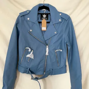 NWT Lock & Love Blue Faux Leather 1984 Motorcycle Belted Cropped Jacket S thumbnail 2