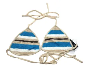 Cotton On Body Crochet Triangle Bikini Swim Top Bonnie Stripe Beige Blue Size M thumbnail 3