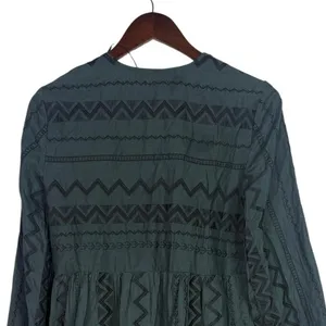 Zara Boho Oversized Embroidered Long Sleeve Mini Dress Tassel V Neck XS Green thumbnail 7