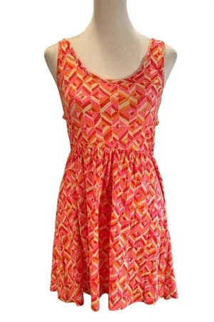 Roxy Orange, Red, White & Pink Abstract Print Cut Out Back Sleeveless Sundress M thumbnail 1