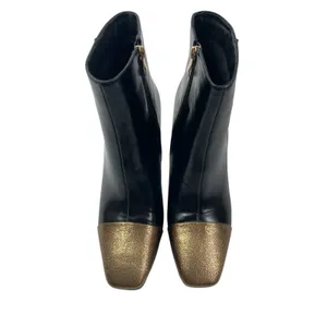 Ninety Union Black Leather Gold Shimmer Square Toe Block Heel Ankle Boots Sz 10 thumbnail 2