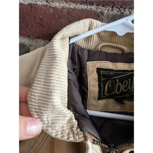 Obey Cream Canvas Bomber Jacket Corduroy Collar Brown Lining Short Women’s Sz M thumbnail 12