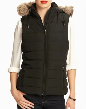 Banana Republic Black Puffer Vest‎ Women's Size Small Faux Fur Hood Ski Outdoor thumbnail 1