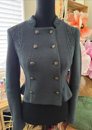 Free People We The Free Victorian Lace Gray Ribbed Peplum Military Band Jacket thumbnail 1