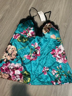 Floral Satin Lace Trim Teal Cami Tank Top thumbnail 1