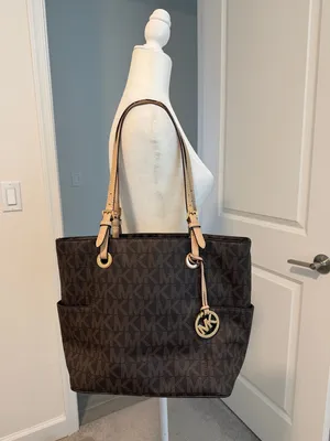 Michael Kors Jet Set Tote MK Logo Large Carryall Laptop Bag Brown Tan Gold thumbnail 2