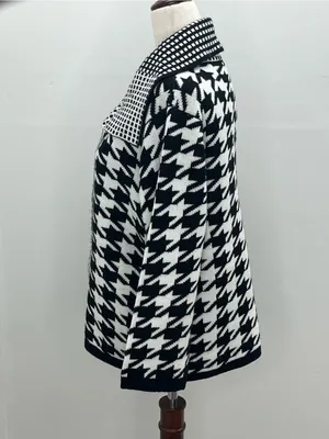 SIONI Black White Houndstooth Knit Wool Blend Cardigan Sweater Jacket Medium thumbnail 4