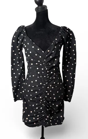 ASOS Polka Dot Ruched Mini Dress Sweetheart Neck Puff Sleeve Womens 4 Black Party thumbnail 1