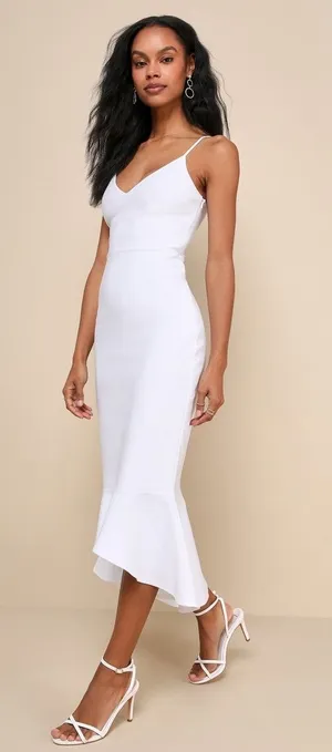 NWOT Lulus Stun Like Me White Bodycon Trumpet Hem Midi Dress Gala Banquet Sz M thumbnail 1