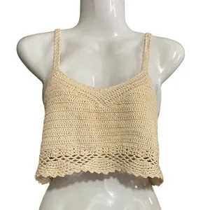 Cozy Casual Crochet Knit Crop Tank in Light Beige thumbnail 1