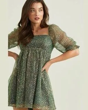 Altar'd State‎ Sparkly Beaded Embellished Green Babydoll Mini Dress Medium Boho thumbnail 1