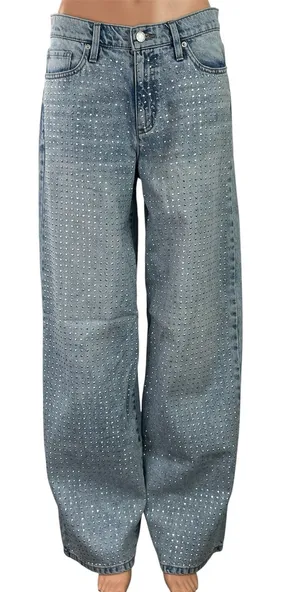 DKNY Women's Blue Light Wash Rhinestone High Rise Wide Leg Baggy Denim Jeans 28 thumbnail 1