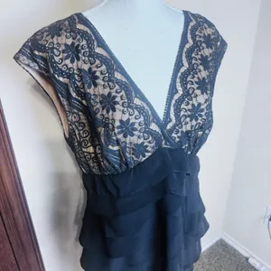 Adrianna Papell Dress‎ 14 Black Lace Ruffle Tiered Knee Length Formal Cocktail thumbnail 2