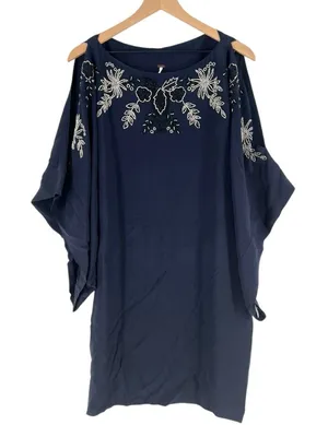 Free People Navy Blue Floral Beaded Embroidered Chiffon Dolman‎ Sleeve Dress M thumbnail 1