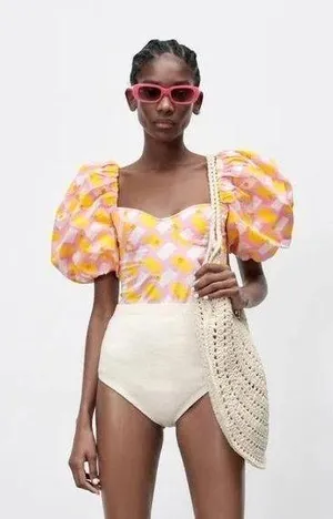 Zara Puff Sleeve Printed Poplin Bodysuit thumbnail 1