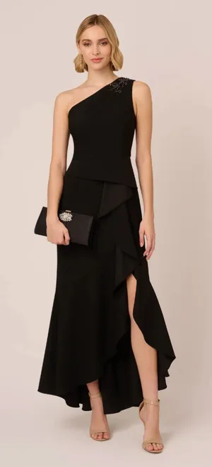 Adrianna Papell One Shoulder Ruffled Crepe Gown With Beaded Accent In Black thumbnail 1