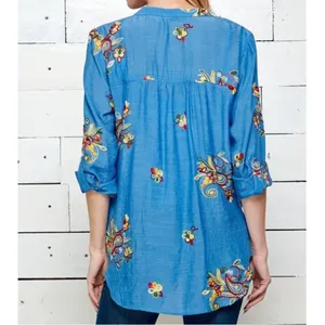 EUC Fig and Flower Roll Tab Sleeve Embroidered Floral Blouse Sz.‎ M Cornflower thumbnail 8