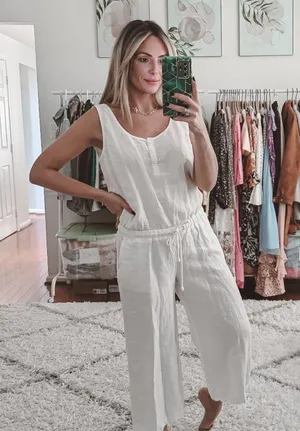 Cloth and stone Anthropologie white linen jumpsuit wide leg crop S thumbnail 1