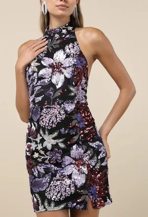 NWT Lulus Gorgeous Shine Black Multi Floral Sequin Backless Mini Dress thumbnail 1