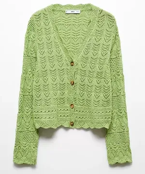 Mango MNG Open Work Knit Scalloped V neck Cardigan Long Sleeve Green Womens S thumbnail 1