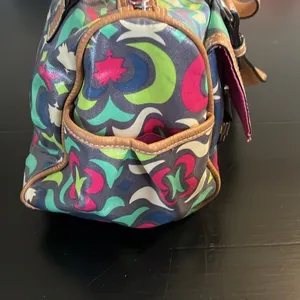 Lily Bloom Multicolor Satchel Handbag‎ Geometric Floral Coated Canvas Brown Trim thumbnail 6