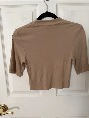 Enza Costa Tan Ribbed Cropped Mock Neck Tee medium. thumbnail 4