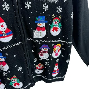 BP‎ Design Vintage Black Full Zip Snowman Snowflake Christmas Sweater Cardigan L thumbnail 3
