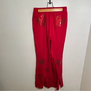 Women's Pull On Pant Red Sequin Hearts Slit Hem Back Stretch Mid thumbnail 6