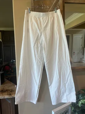 White Cotton Linen Elastic Waist Pull on Pants Women’s Large New thumbnail 2