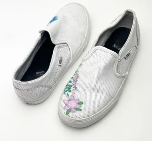 VANS White Perforated Leather Floral Custom Painted Slip On Shoes, Size 10 Boho thumbnail 1