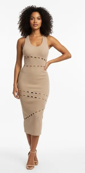 REHAB Ribbed Knit Eyelet Cutout Racerback Midi Bodycon Dress Tan Size M thumbnail 1