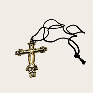 Gold Gothic Cross Pendant Necklace on Black Cord | Adjustable Statement Necklace thumbnail 2