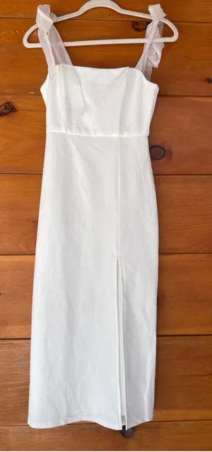 NEW Lulus Romantic Celebration White Tie-Strap Bodycon Midi Dress Wedding Size S thumbnail 1
