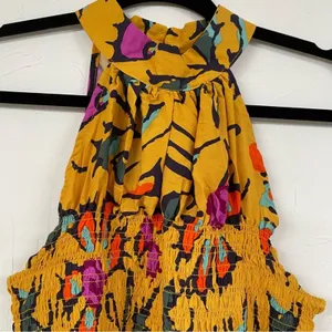 Haute Hippie Mustard Yellow Floral Print Halter Smocked Boho Blouse L Sleeveless thumbnail 5