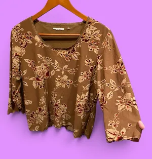 Source Unknown Cute Y2K sandalwood roses lace trim mesh stretchy top 3/4 sleeve thumbnail 1