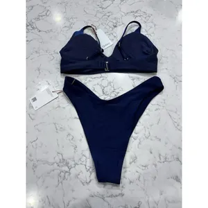 NWT Quince Deep Navy Italian V Neck Bikini Top & Dipped High Leg Bottom Medium thumbnail 2