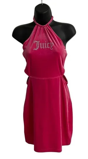 Juicy Couture Pucker Up Velvet Halter Cut‎ Out Mini Dress Women’s S Hot Pink NEW thumbnail 1